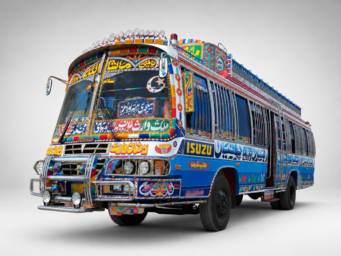Blue decorated Isuzu bus for group and event transport